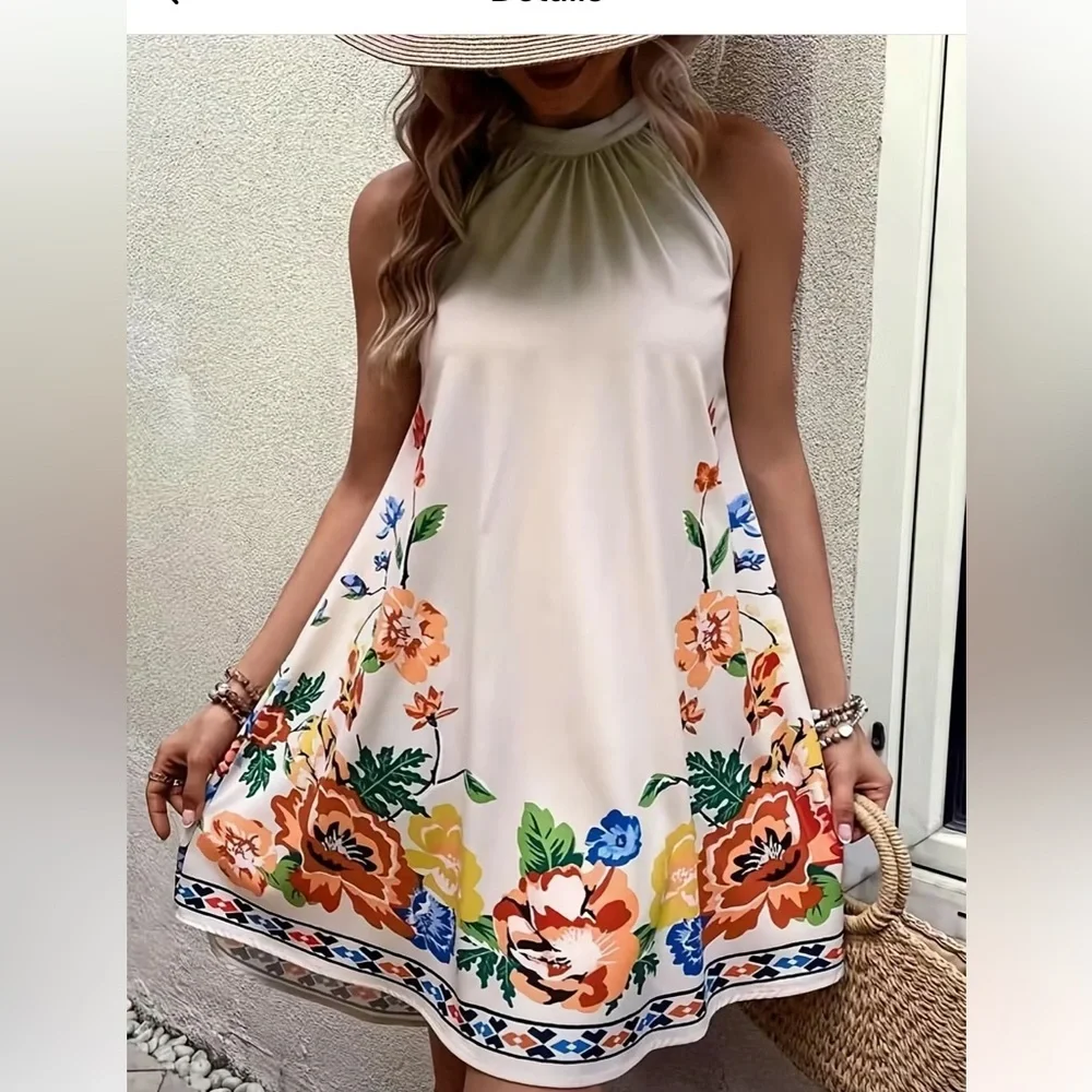 Floral Print Ruched Dress, Elegant Sleeveless Keyhole Summer Dress - Picture 1 of 5